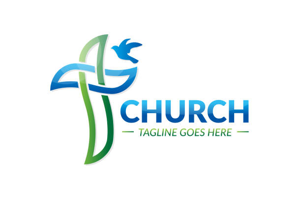 ilustrações, clipart, desenhos animados e ícones de design de logotipo da igreja cristã com cruz e pombo - cini