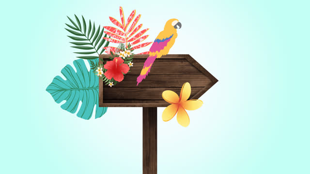Animation of parrot and tropical plant leaves over wooden sign on blue background