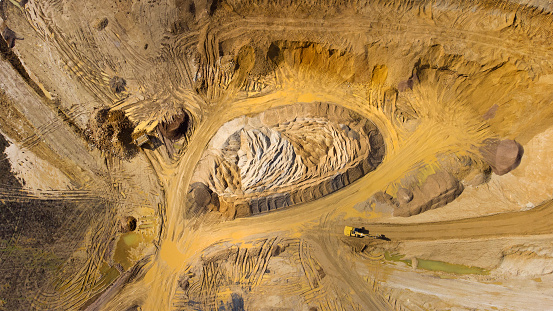 Gravel and sand open pit mining, sand hills - aerial view