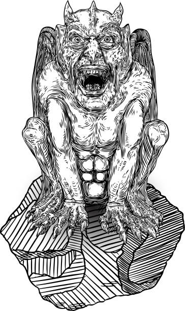 istock Mythological ancient gargoyle creatures human and dragon like chimera with bat wings and horns. Mythical gargouille with sharp fangs and claws seating on the stone. Engraved hand drawn sketch. Vector. 1332370523