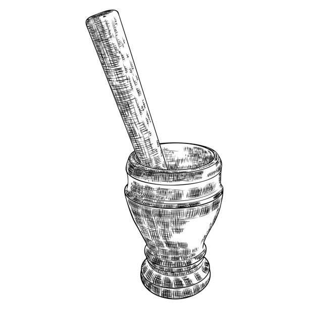 ilustraciones, imágenes clip art, dibujos animados e iconos de stock de mortero y pestle vintage grabado dibujo a mano. aislado en blanco, farmacia y medicina. química del ocultismo espiritual, boceto de tatuaje de alquimia mágica. vector - occultism