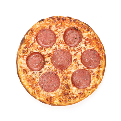 Salami pizza , isolated on white backgrpund