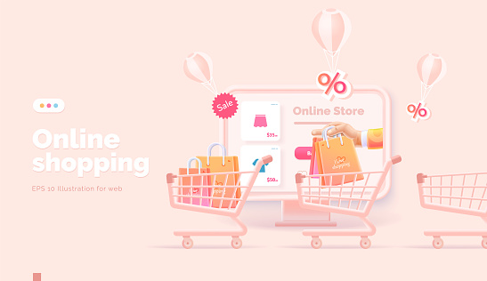 Online shopping on the website and mobile app. Conceptual illustration with online store interface, bank card, shopping bag, basket and actions with them. Web banner 3d style