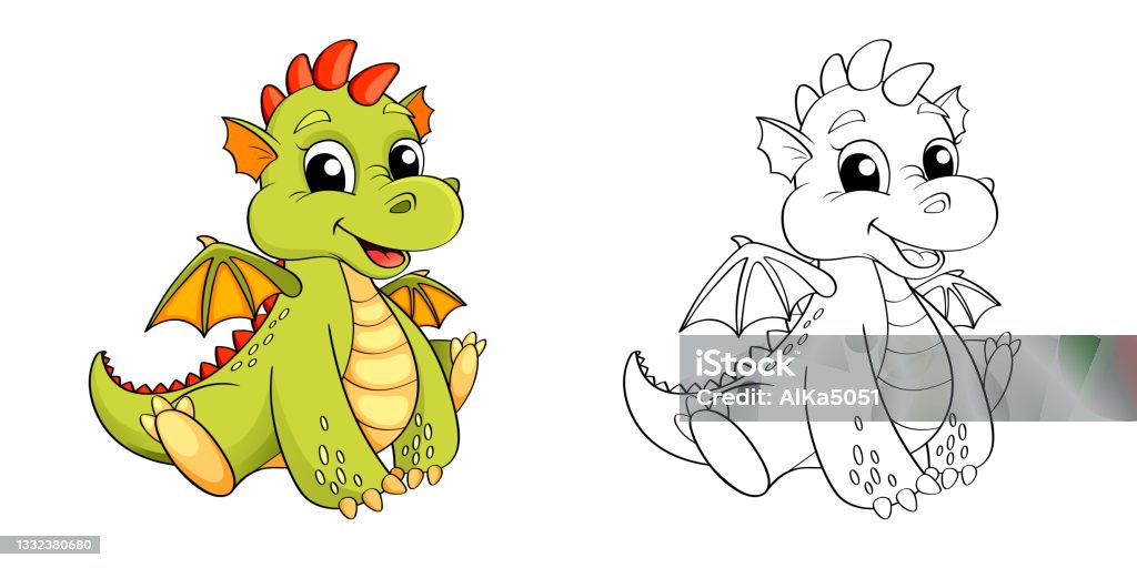 Cute Cartoon Dragon Color And Blackwhite Illustration For Coloring Book  Stock Illustration - Download Image Now - iStock