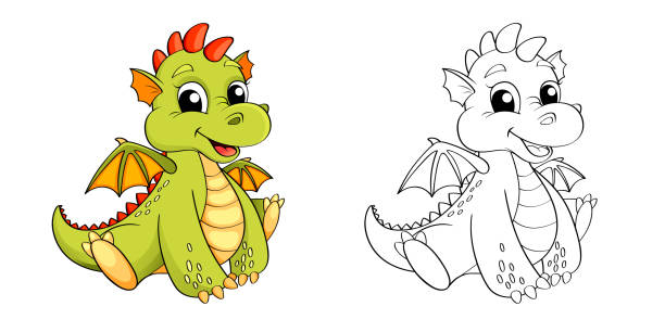 Cute Cartoon Dragon Color And Blackwhite Illustration For Coloring Book  Stock Illustration - Download Image Now - iStock