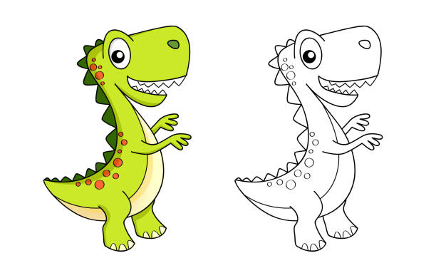 Cute cartoon dinosaur. Dino. Black and white vector illustration for coloring book Color and black/white vector illustration for coloring book dinosaur drawing stock illustrations