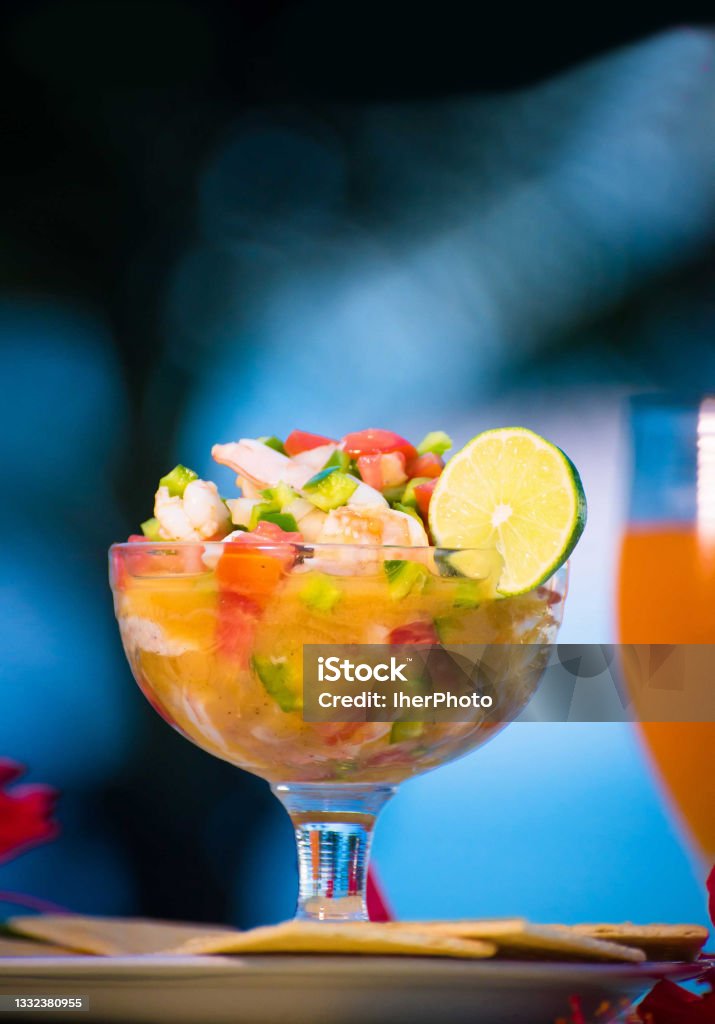 Nicaraguan food, shrimp ceviche with fruit cocktail drink, Nicaraguan palate Seviche Stock Photo