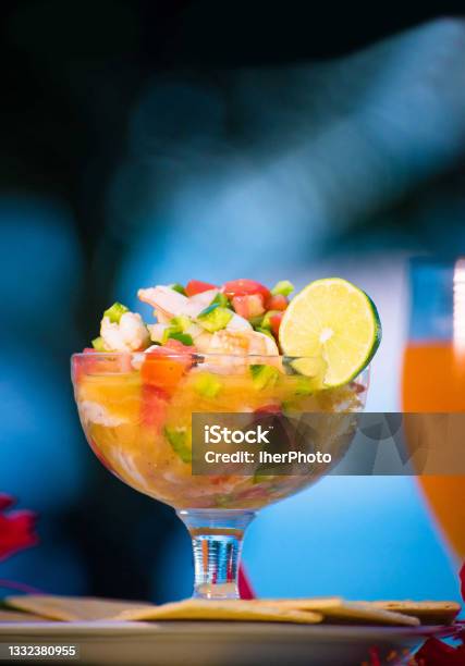 Nicaraguan Food Shrimp Ceviche With Fruit Cocktail Drink Nicaraguan Palate Stock Photo - Download Image Now