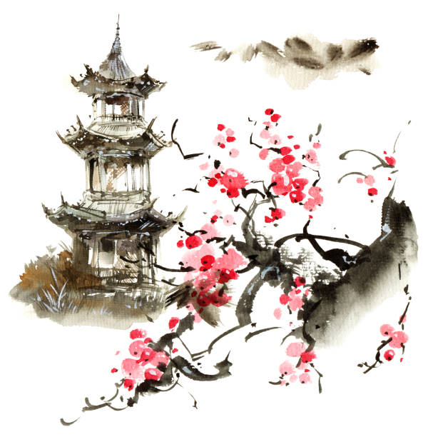 Blossom sakura and pagoda building Watercolor and ink illustration of japanese pagoda and blossom sakura tree with pink flowers. Oriental traditional painting by ink and watercolor in sumi-e style. pagoda stock illustrations