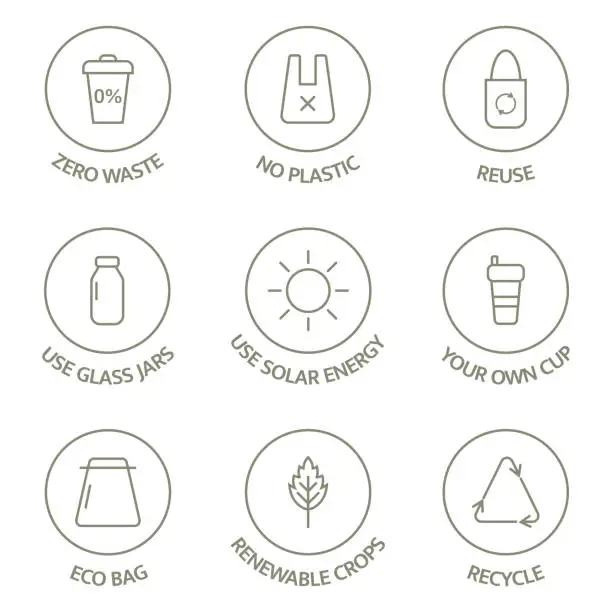 Vector illustration of Zero waste line icons set. Recycle, reuse, reduce logo. Eco, bio pictogram. Ecology concept. Sustainable package. Save the planet. Sort waste emblem. Renewable crops. Vector illustration