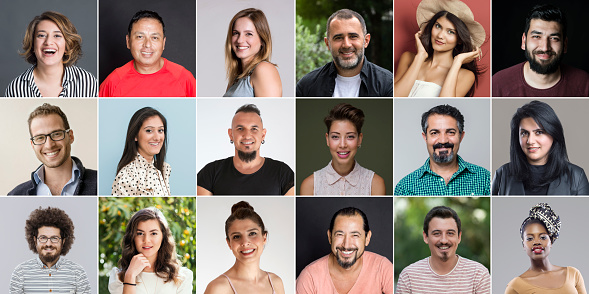 Headshot portraits of diverse smiling real people