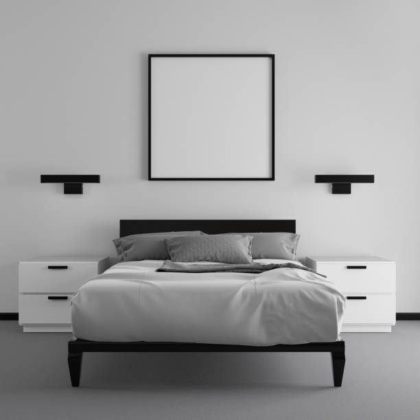 istock Black and white hotel bedroom. 3D render. 1332384979