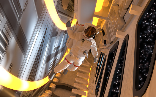Astronaut or cosmonaut is in space suit at a futuristic space craft in zero gravity.  Easy to crop for all your social media and design need with copy space.