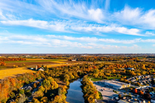 istock Aerial Railway Bridge and Conestogo River at dusk, St. Jacobs, Canada 1332386419