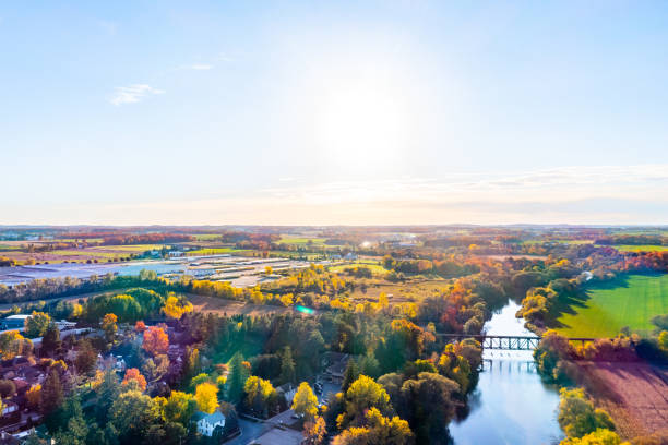 istock Aerial Railway Bridge and Conestogo River at dusk, St. Jacobs, Canada 1332387181