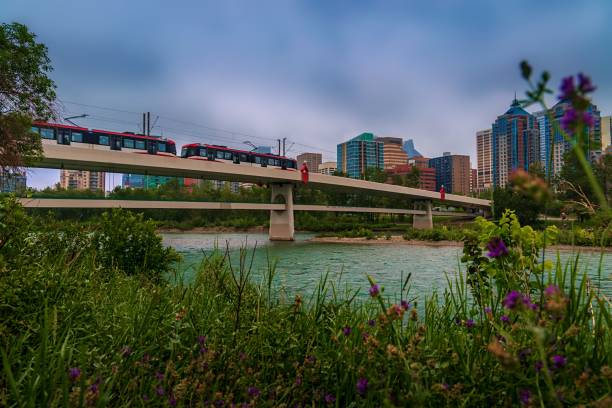 istock Train Crossing The Bridge By Downtown Calgary On A Cloudy Day 1332387684