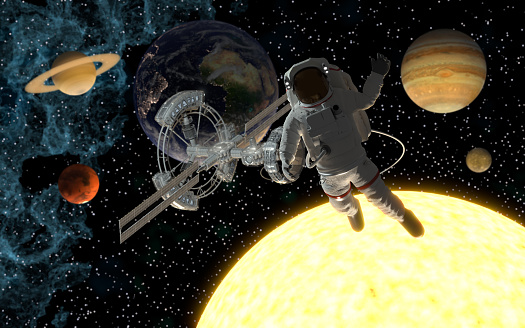 Commercial spaceship flight on background of planet Earth. 3d illustration.