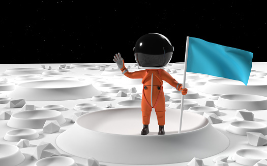 Cartoon astronaut or cosmonaut is in outer space on a moon surface and holding a blue flag for you to change any country you wish.  Easy to crop for all your social media and design need with copy space.