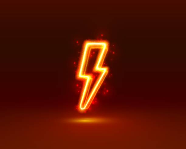 istock Neon sign of lightning signboard on the red background. Vector illustration 1332389373
