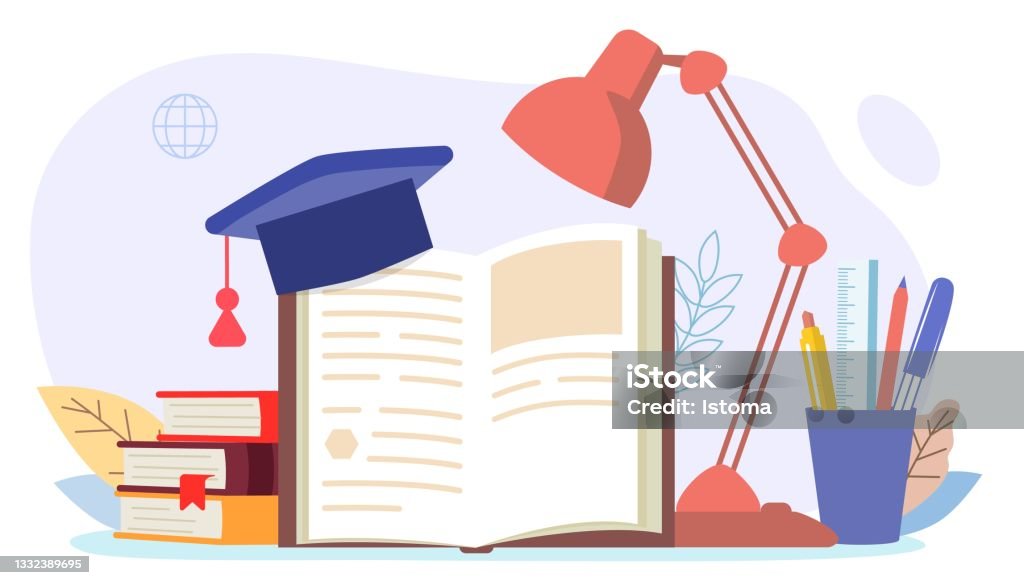 Books And Reading Set Table Lamp With Open Book And Student Hat On An  Isolated White