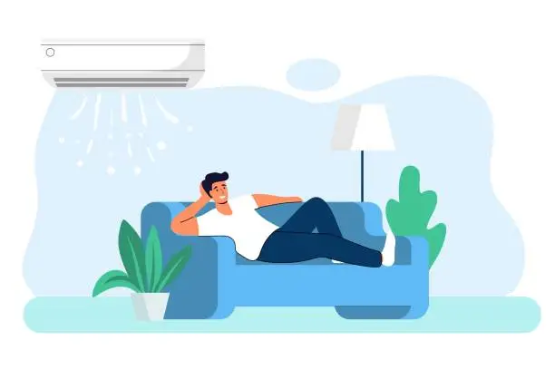Vector illustration of Home air conditioning Climate control concept House cooling Comfort living Young man is resting home on the couch with the air conditioner on Air cooling Vector graphic illustration Digital technology