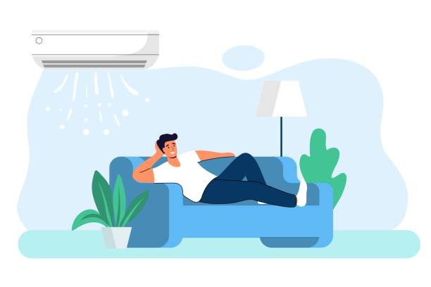 home air conditioning climate control concept house cooling comfort living young man is resting home on the couch with the air conditioner on air cooling vector graphic illustration digital technology - 發燒 插圖 幅插畫檔、美工圖案、卡通及圖標