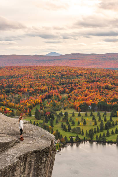 istock Woman looking at lake and forest during autumn. 1332391441