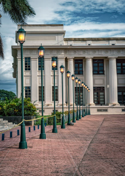 istock Image of several lit lantern poles, lit lantern poles with copy space 1332393679