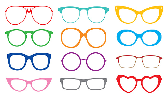Vector illustration of twelve colorful eyeglasses icons.
