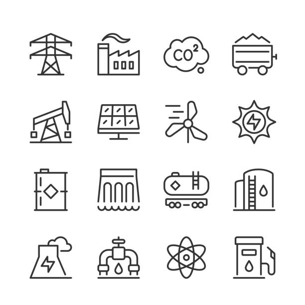 Fuel & Power Generation Icons — Monoline Series Vector line icon set appropriate for web and print applications. Designed in 48 x 48 pixel square with 2px editable stroke. Pixel perfect. industrial building stock illustrations