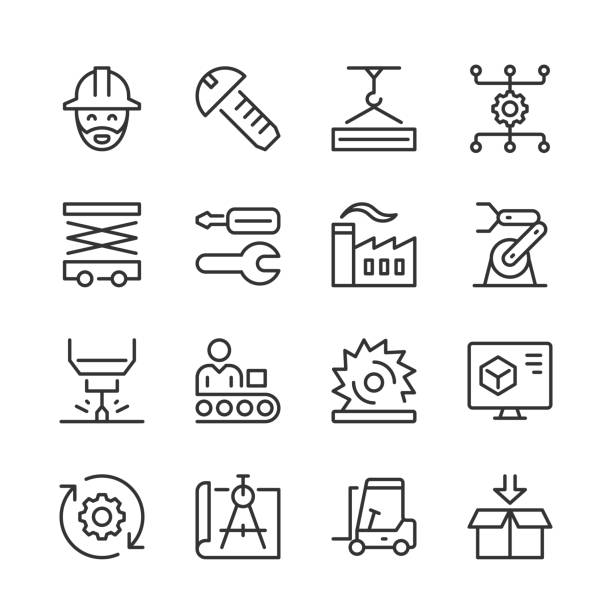 Manufacturing Icons — Monoline Series Vector line icon set appropriate for web and print applications. Designed in 48 x 48 pixel square with 2px editable stroke. Pixel perfect. scissor lift drawing stock illustrations