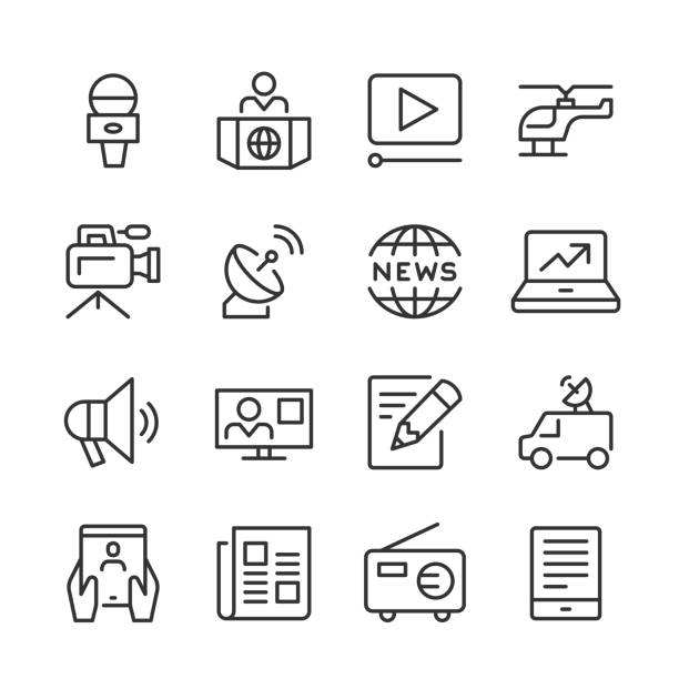 News Media & Journalism Icons — Monoline Series Vector line icon set appropriate for web and print applications. Designed in 48 x 48 pixel square with 2px editable stroke. Pixel perfect. news stock illustrations