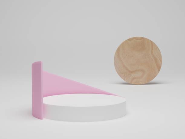 istock 3d render. Abstract geometric background, cylinder podium, modern minimalist mockup with wood circle on white background. 1332400387