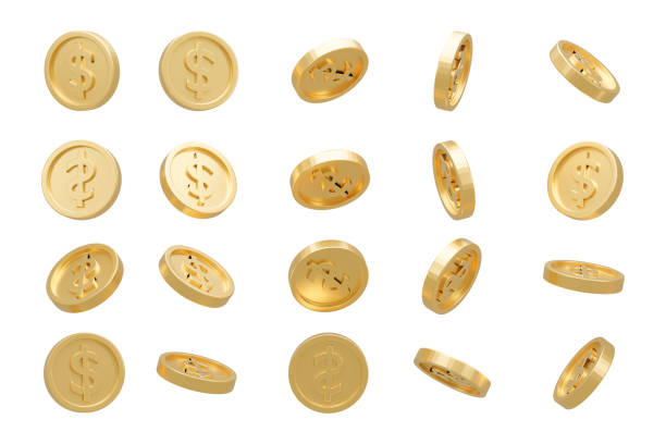 istock 3D Render. Collection of dollar coins isolated on background in different positions. 1332400388