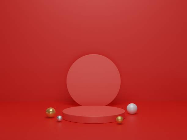 istock Geometric shape podium on red background. Platforms for product presentation, mock up background 1332400417