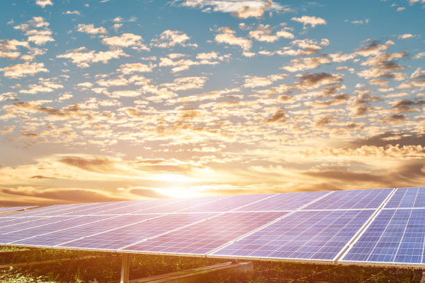 istock Photovoltaic modules panels at sunset sky background. Solar cells generating electricity 1332400496