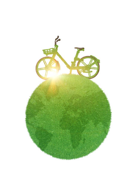 istock Green bicycle driving on planet isolated on white background 1332401015