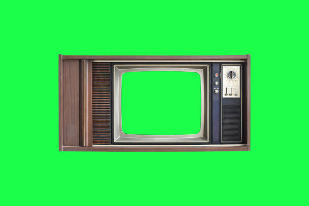 istock Vintage television with with green screen isolated on green background with clipping path. 1332401036