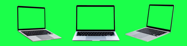 Collection of Laptop or notebook with blank green screen isolated on green background stock photo