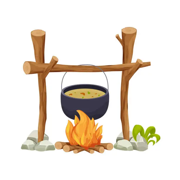 Vector illustration of Black camping pot over a campfire in cartoon style isolated on white background. Wooden sticks, fire with stones, decorated with grass. Picnic cooking, travel preparation.