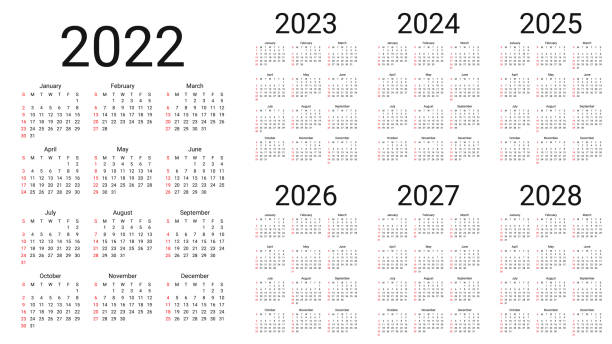 Calendar 2022, 2023, 2024, 2025, 2026, 2027, 2028 years. Vector illustration. Simple calender layout. Calendar 2022 year. Week starts Sunday. Simple layout of pocket or wall calenders. Desk calendar template. Yearly Stationery organizer in minimal design, English. Vector illustration page number design stock illustrations
