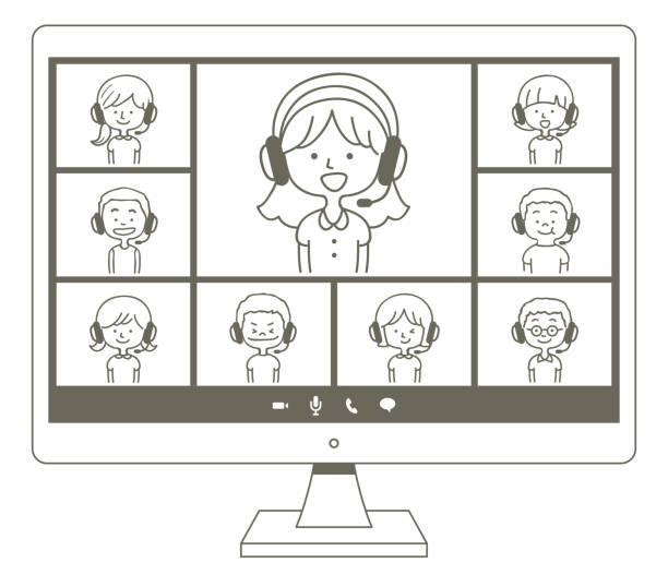 Cute boys and girls and a young teacher wearing headphones on a computer monitor e-learning E-learning characters vector art illustration.
Cute boys and girls and a young teacher wearing headphones on a computer monitor e-learning. black and white anime girl stock illustrations