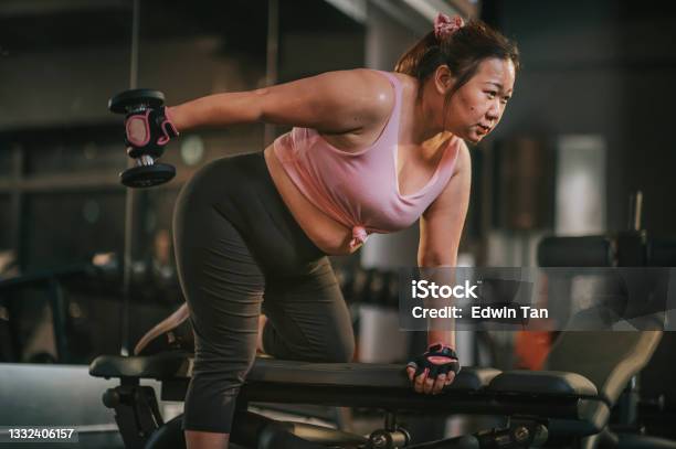Body Positive Asian Mid Adult Woman Exercising With Dumbbells In A Lunge Position At Gym Bench At Night Stock Photo - Download Image Now