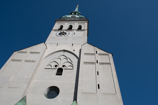 St. Peter's Church, whose tower is commonly called Alter Peter (Old Peter), a landmark in the city center of Munich, Germany.