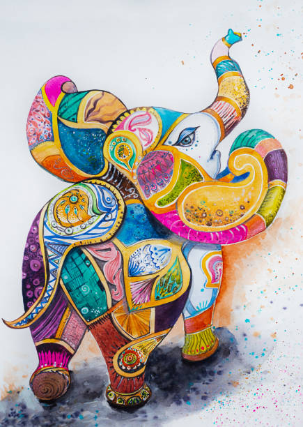 Drawing of the festive elephant Drawing of the festive elephant multicolored watercolor elephant art stock illustrations