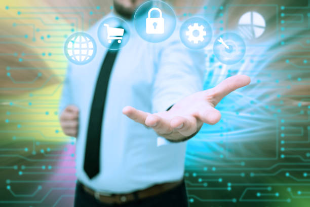 istock Man In Uniform Side Standing Stretching Hand Holding New Futuristic Technologies. Gentelman Extending Palms Carrying New Innovative Concepts. 1332410778