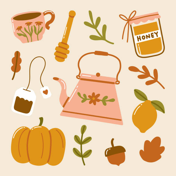 ilustraciones, imágenes clip art, dibujos animados e iconos de stock de otoño hygge doodle cosas acogedoras taza de té tetera bolsa de té miel tarro de calabaza limón bellota arce hojas ilustración - spoon honey cute jar