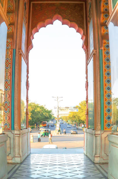 Jaipur Rajasthan, India - February 20 2020: The Patrika Gate, the ninth gate of Jaipur, the famous building landmark at Jawahar circle's entrance, Jaipur or pink city Rajasthan, India stock photo