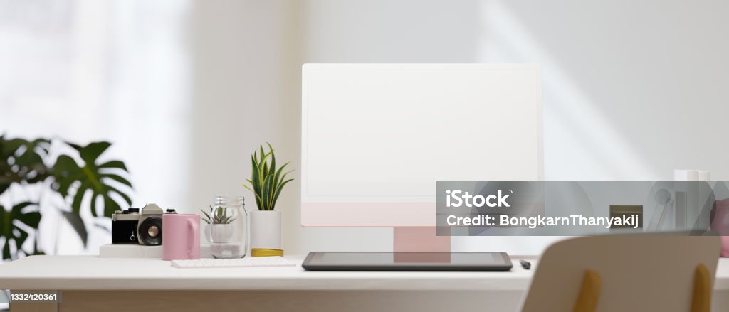 Modeling Scene Computer Pink Pastel Pink Computer Display For Mockup White Room 3d Rendering Stock ...