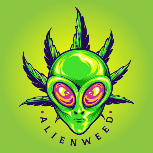 alien weed cannabis leaf cartoon - psychedelic smoke colors green stock-grafiken, -clipart, -cartoons und -symbole